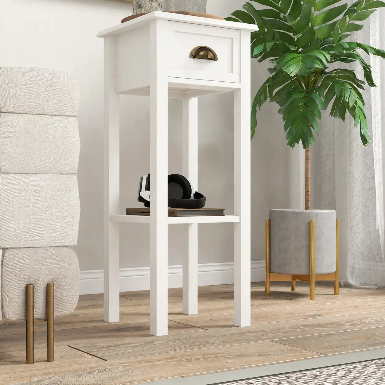 Set of 2 Narrow 2-Tier End Tables with Drawer and Storage Shelf
