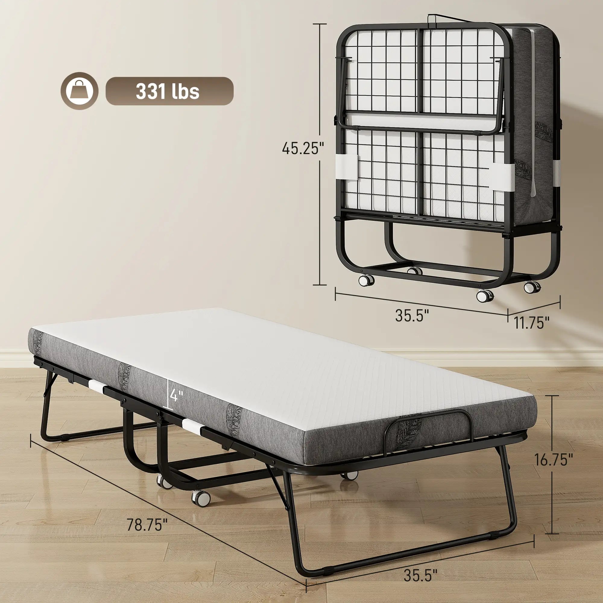 79" Long Twin Folding Bed with 4" Foam Mattress