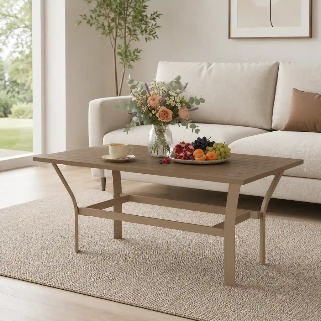 36" Rectangular Slatted Metal Outdoor Coffee Table with Weather-Resistant Frame