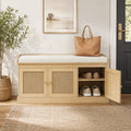 41.3" Oak Shoe Storage Bench with Woven Rattan Doors and Removable Cushion