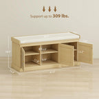 41.3" Oak Shoe Storage Bench with Woven Rattan Doors and Removable Cushion