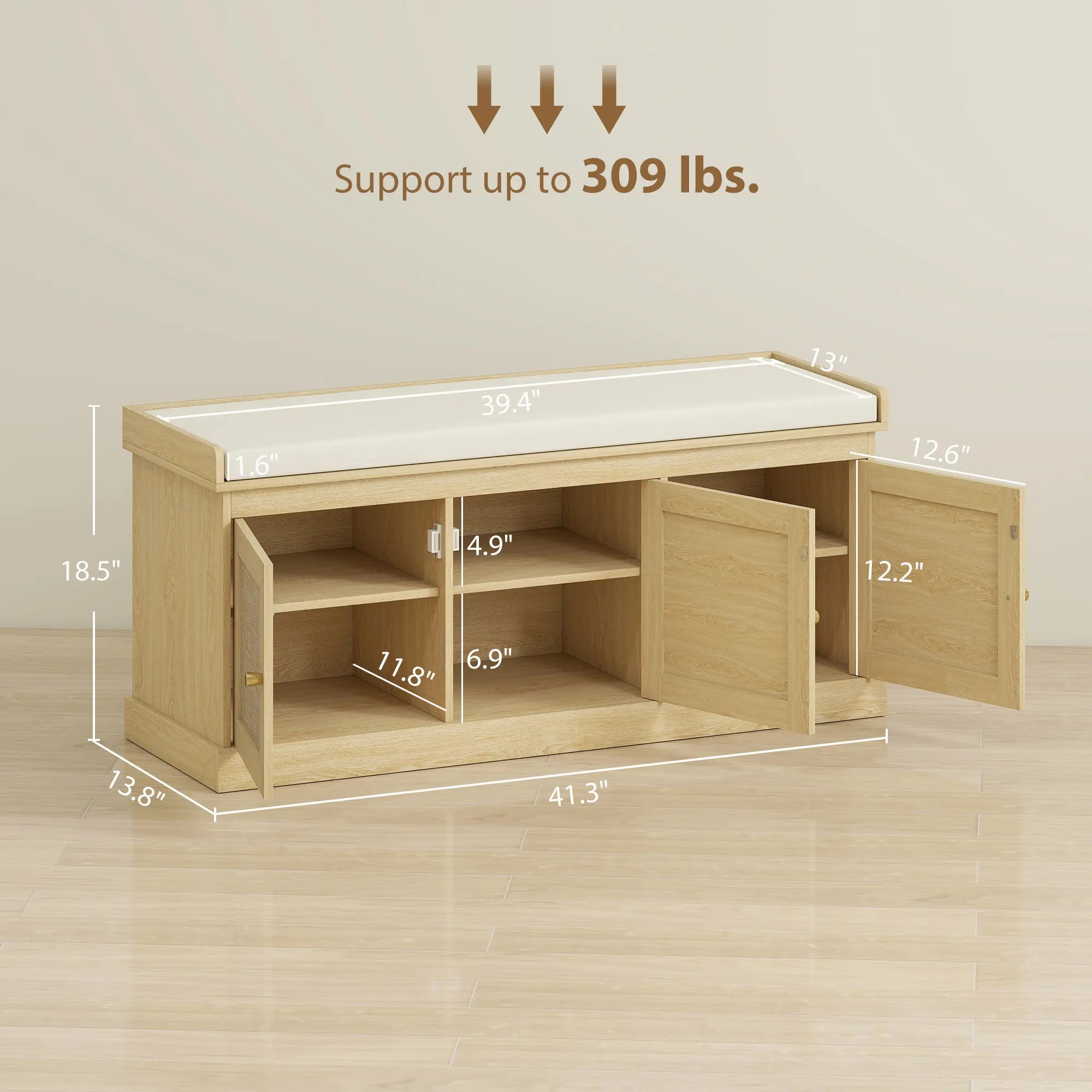 41.3" Oak Shoe Storage Bench with Woven Rattan Doors and Removable Cushion