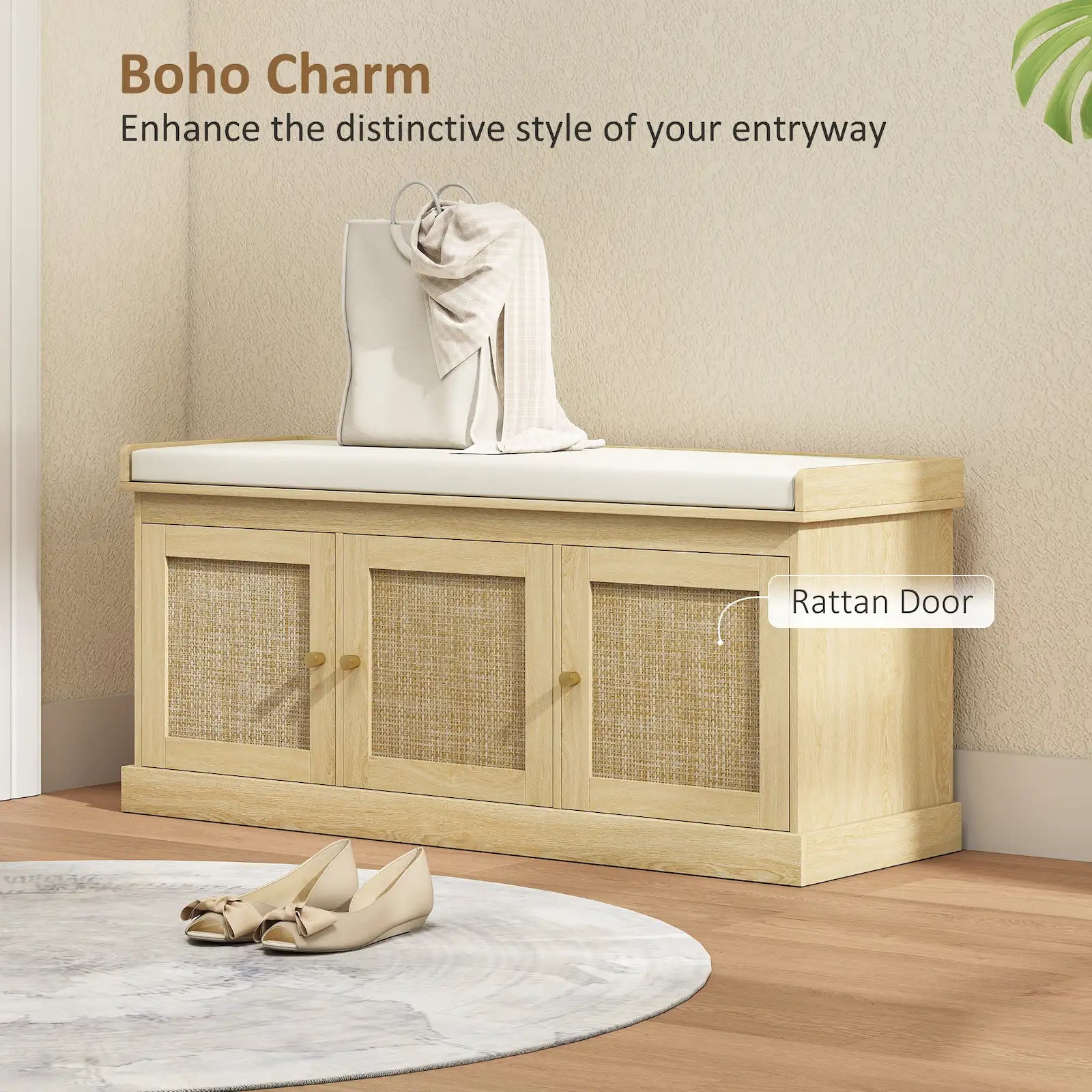 41.3" Oak Shoe Storage Bench with Woven Rattan Doors and Removable Cushion
