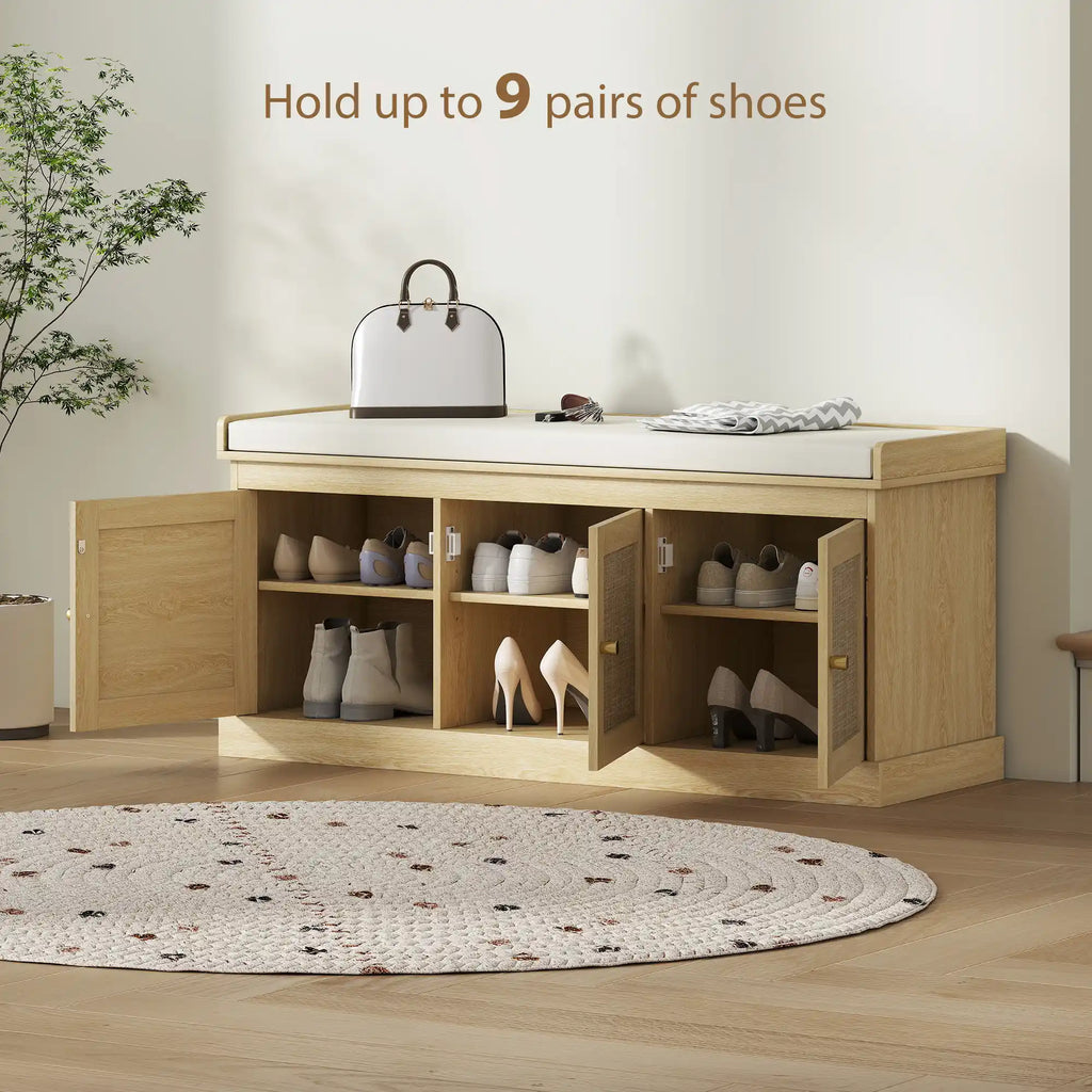 41.3" Oak Shoe Storage Bench with Woven Rattan Doors and Removable Cushion