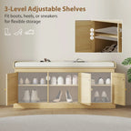 41.3" Oak Shoe Storage Bench with Woven Rattan Doors and Removable Cushion