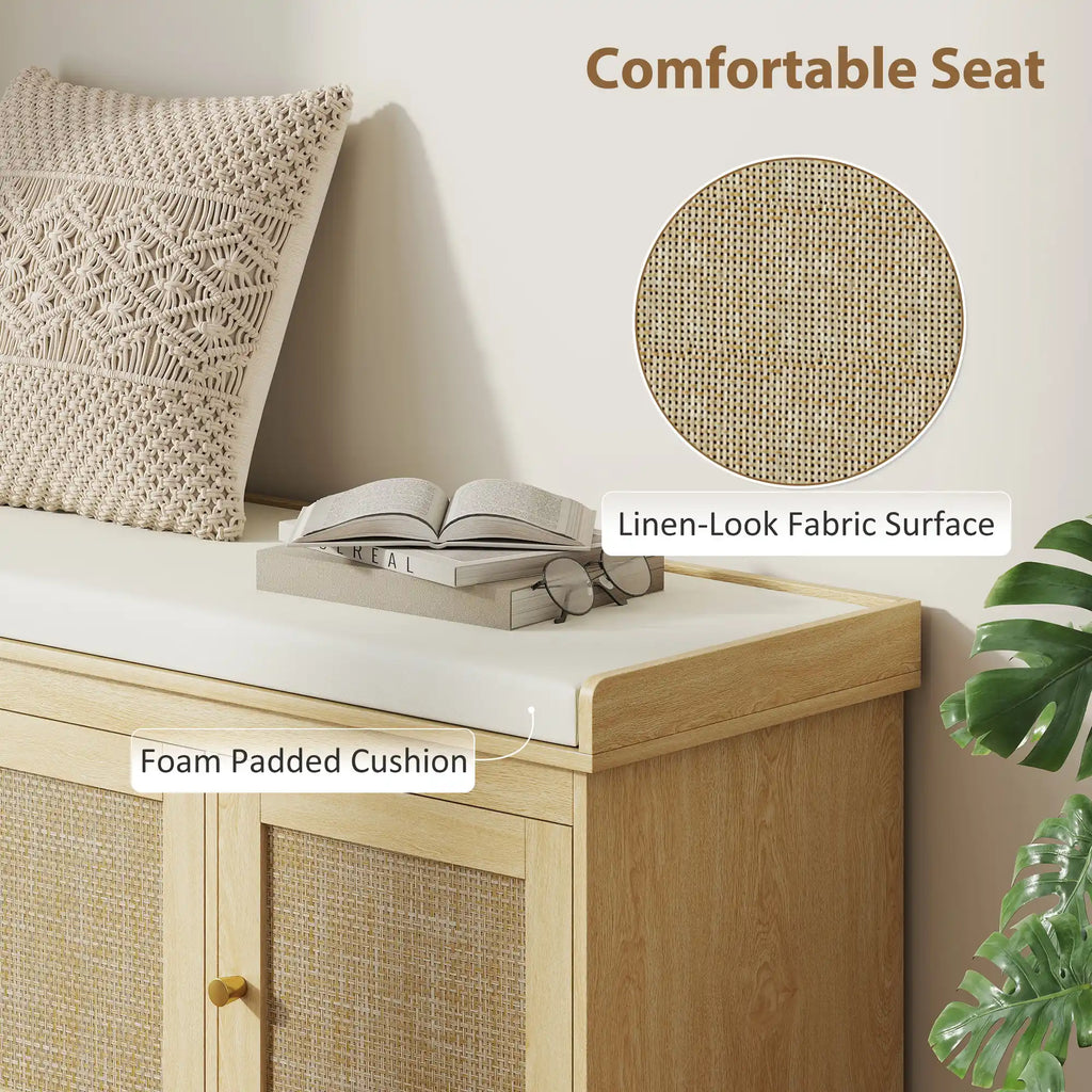 41.3" Oak Shoe Storage Bench with Woven Rattan Doors and Removable Cushion