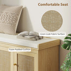 41.3" Oak Shoe Storage Bench with Woven Rattan Doors and Removable Cushion