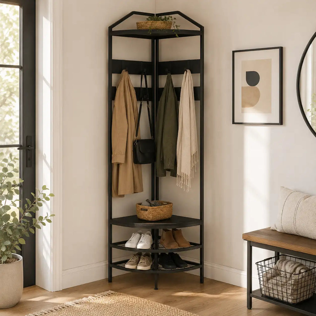 70.9" Corner Hall Tree with 8 Movable Hooks, 2 Shelves & 2-Tier Shoe Storage Rack