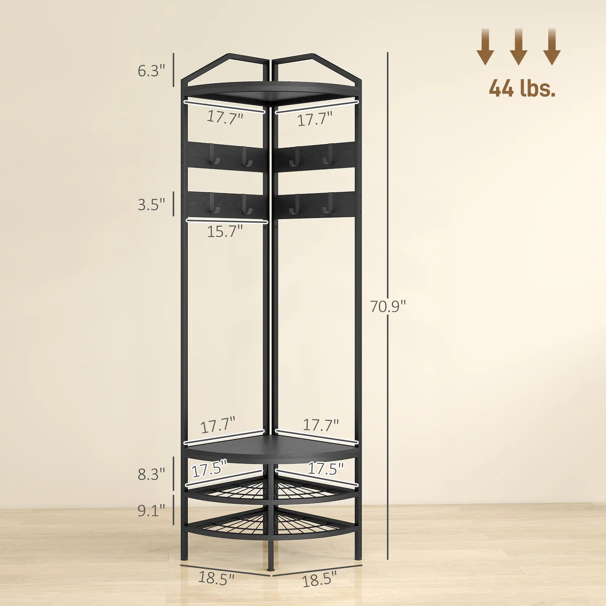 70.9" Corner Hall Tree with 8 Movable Hooks, 2 Shelves & 2-Tier Shoe Storage Rack