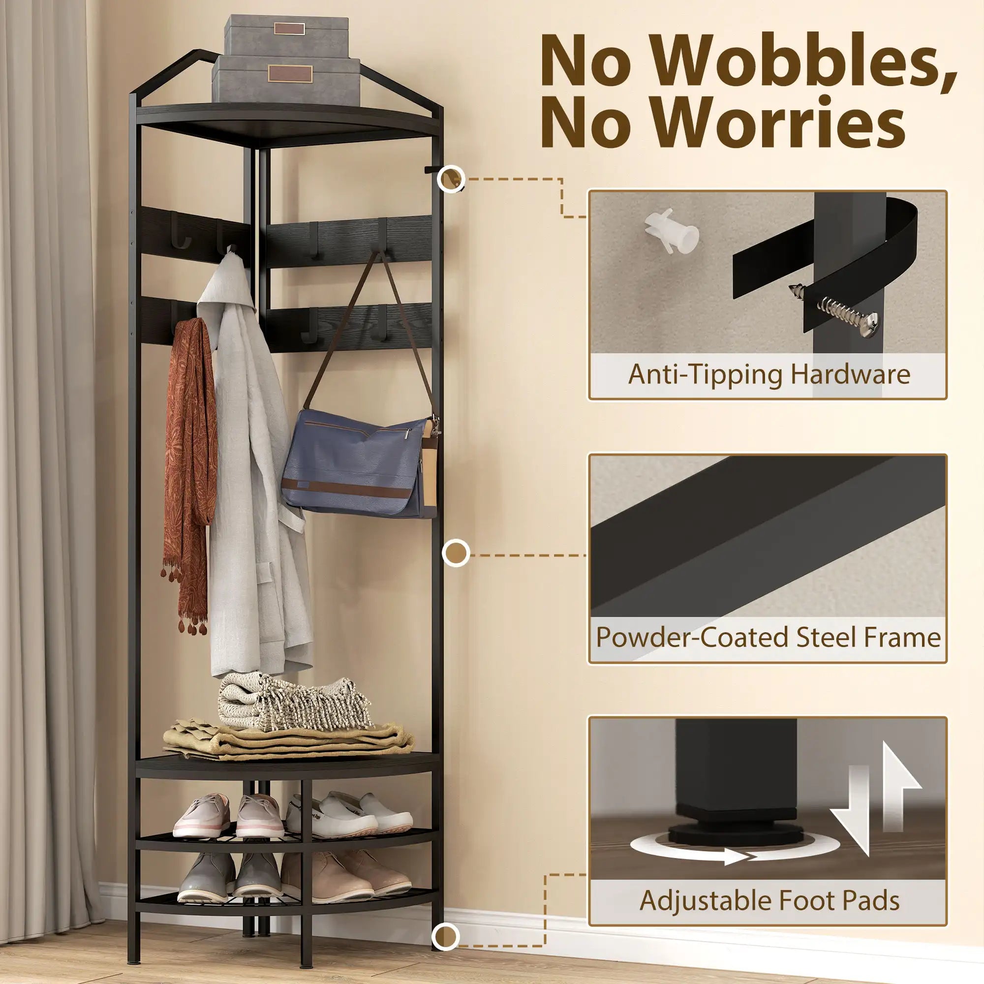70.9" Corner Hall Tree with 8 Movable Hooks, 2 Shelves & 2-Tier Shoe Storage Rack