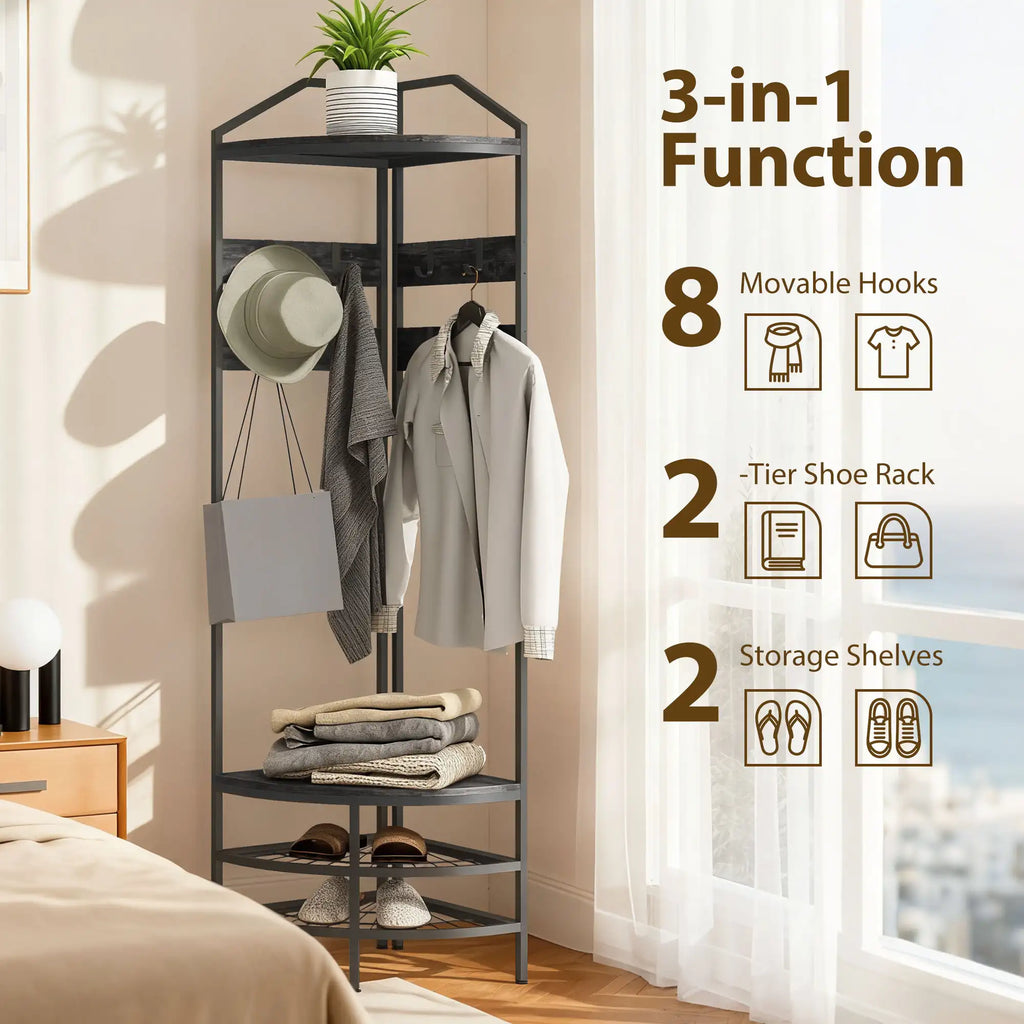 70.9" Corner Hall Tree with 8 Movable Hooks, 2 Shelves & 2-Tier Shoe Storage Rack