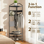 70.9" Corner Hall Tree with 8 Movable Hooks, 2 Shelves & 2-Tier Shoe Storage Rack