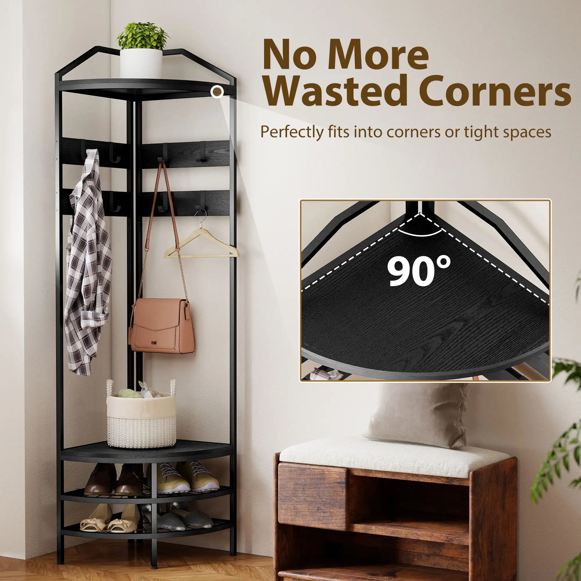 70.9" Corner Hall Tree with 8 Movable Hooks, 2 Shelves & 2-Tier Shoe Storage Rack
