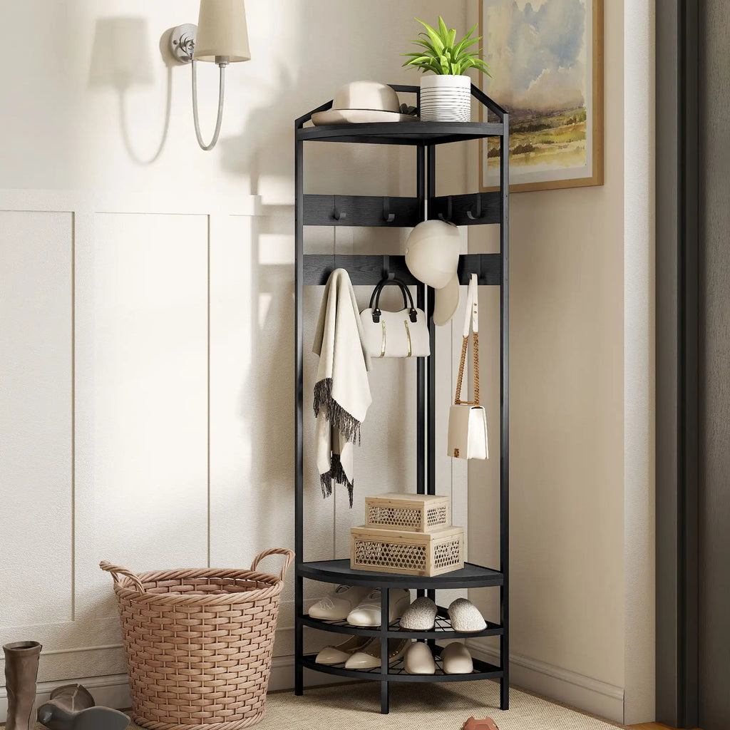 70.9" Corner Hall Tree with 8 Movable Hooks, 2 Shelves & 2-Tier Shoe Storage Rack