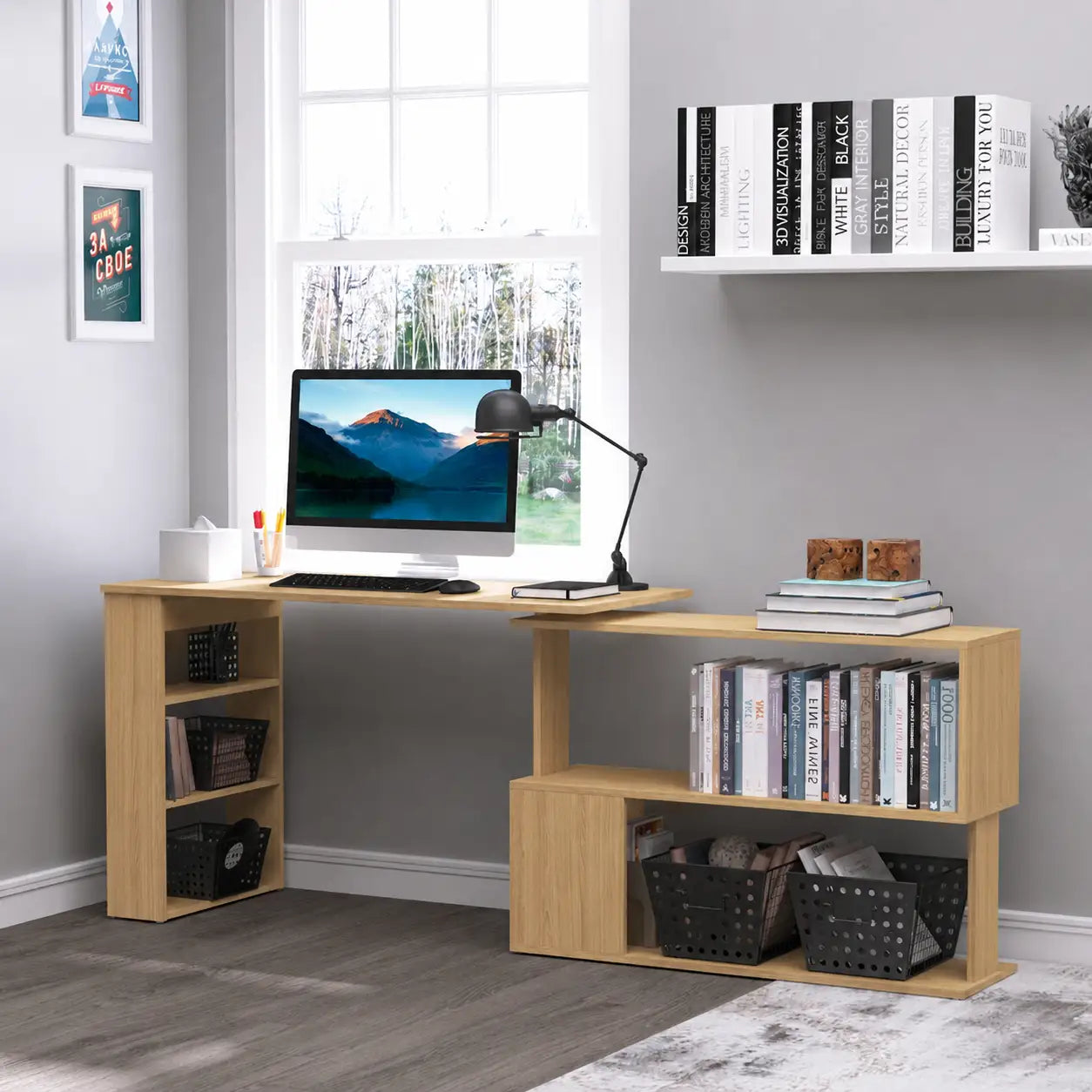 47.25" 360° Rotating L-Shaped Corner Desk with Storage Shelves