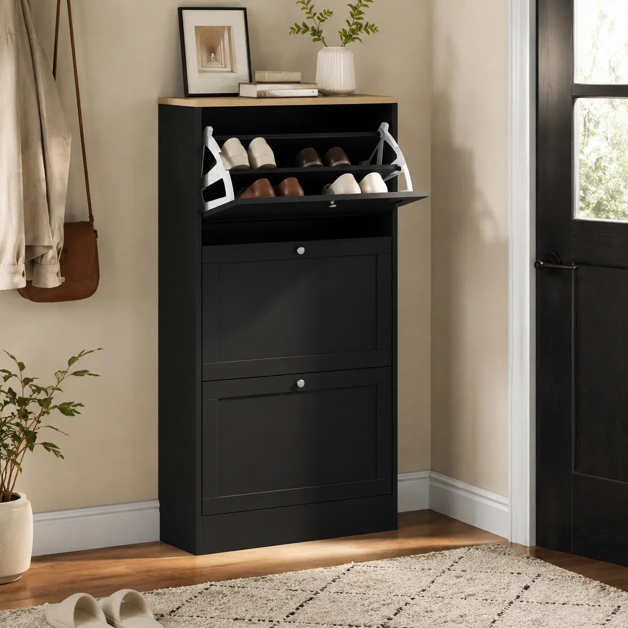 45.3" Narrow Shoe Storage Cabinet with 3 Flip Drawers and Adjustable Shelves