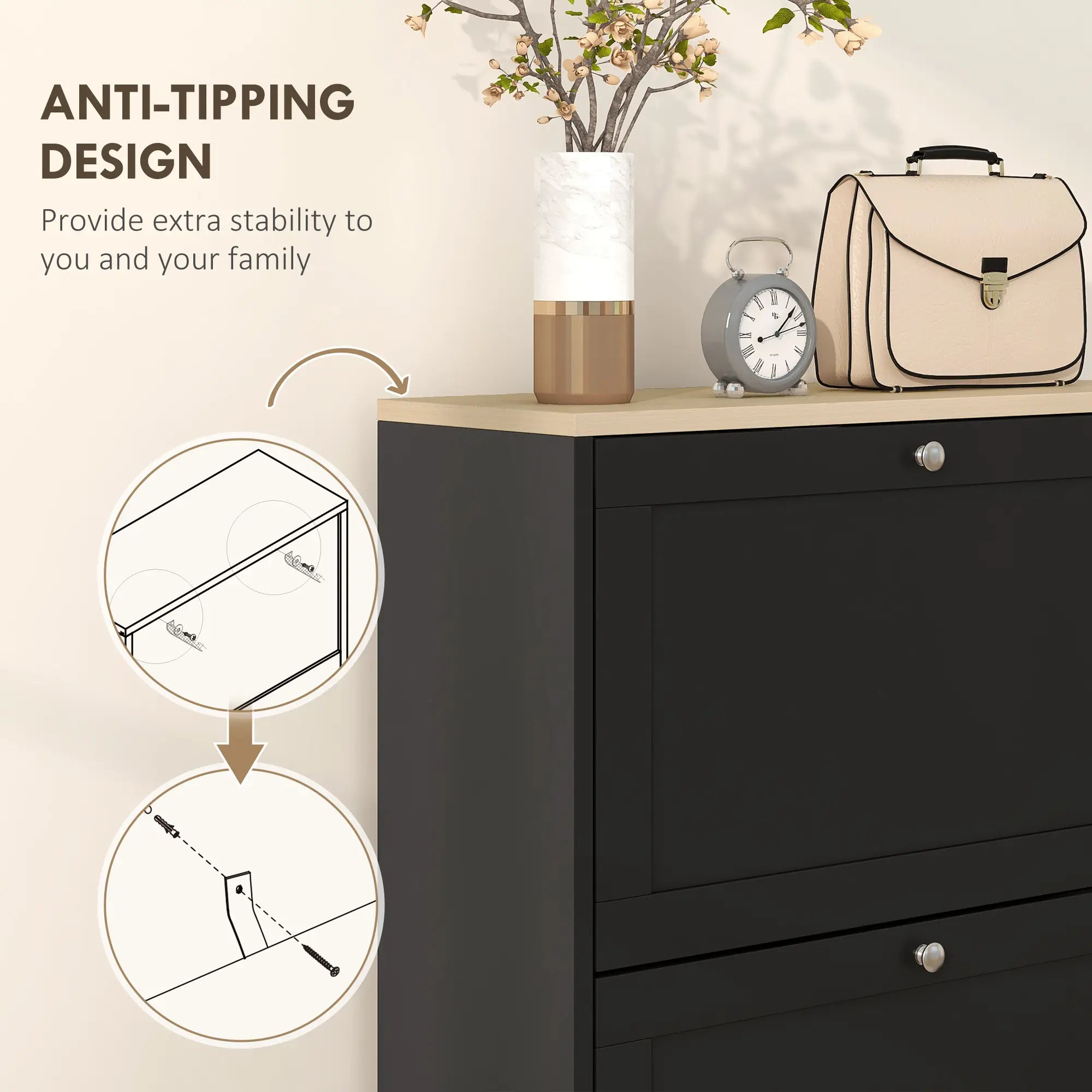 45.3" Narrow Shoe Storage Cabinet with 3 Flip Drawers and Adjustable Shelves