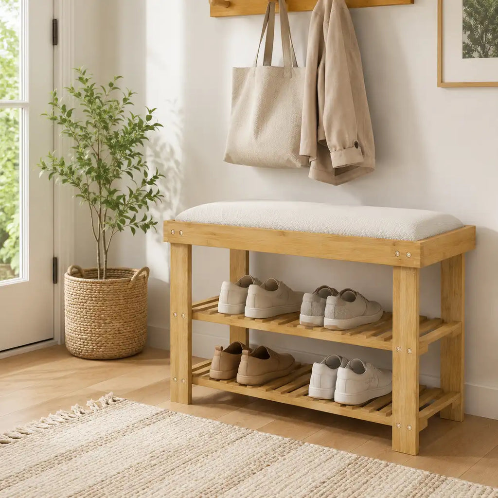 23.6" Bamboo Shoe Storage Bench with Cushioned Seat and 2-Tier Shoe Rack