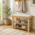 23.6" Bamboo Shoe Storage Bench with Cushioned Seat and 2-Tier Shoe Rack