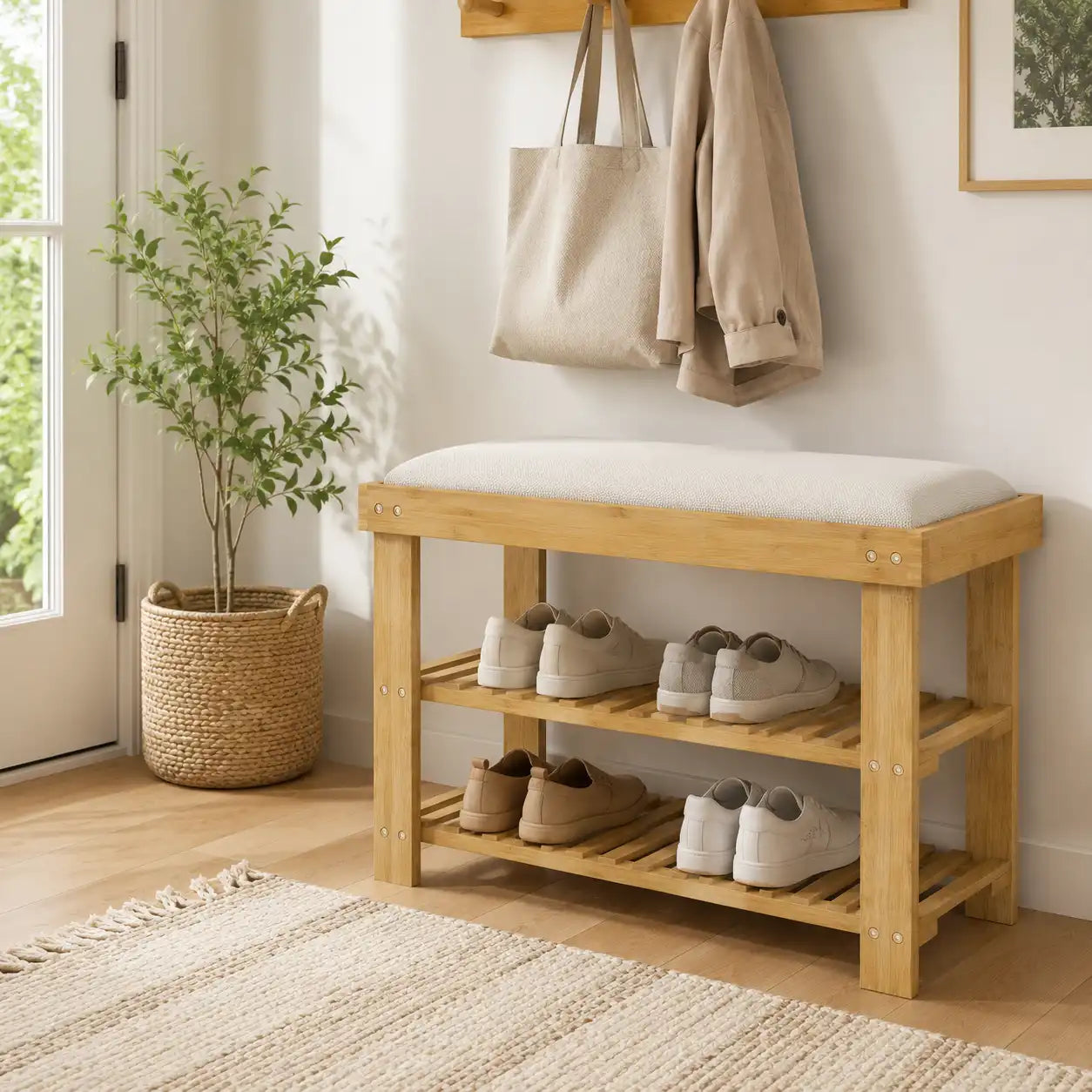 23.6" Bamboo Shoe Storage Bench with Cushioned Seat and 2-Tier Shoe Rack
