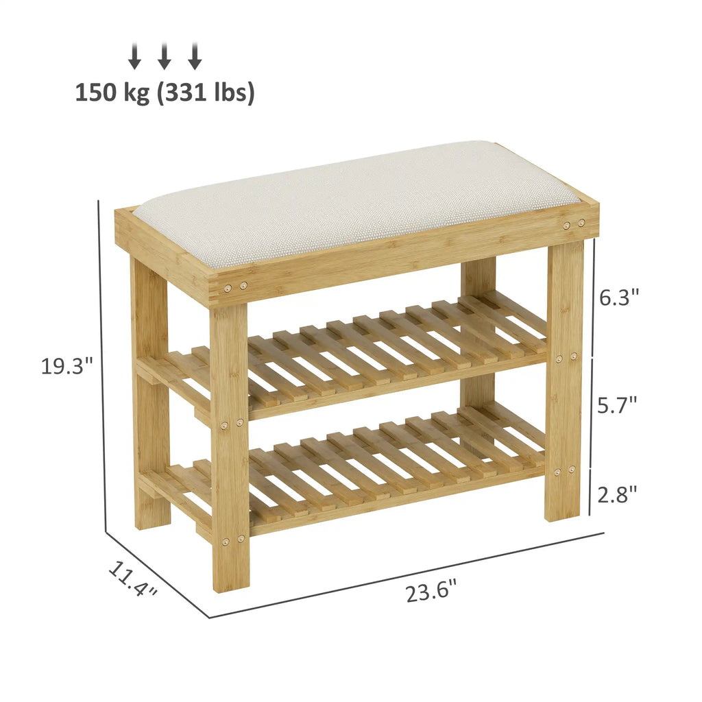 23.6" Bamboo Shoe Storage Bench with Cushioned Seat and 2-Tier Shoe Rack