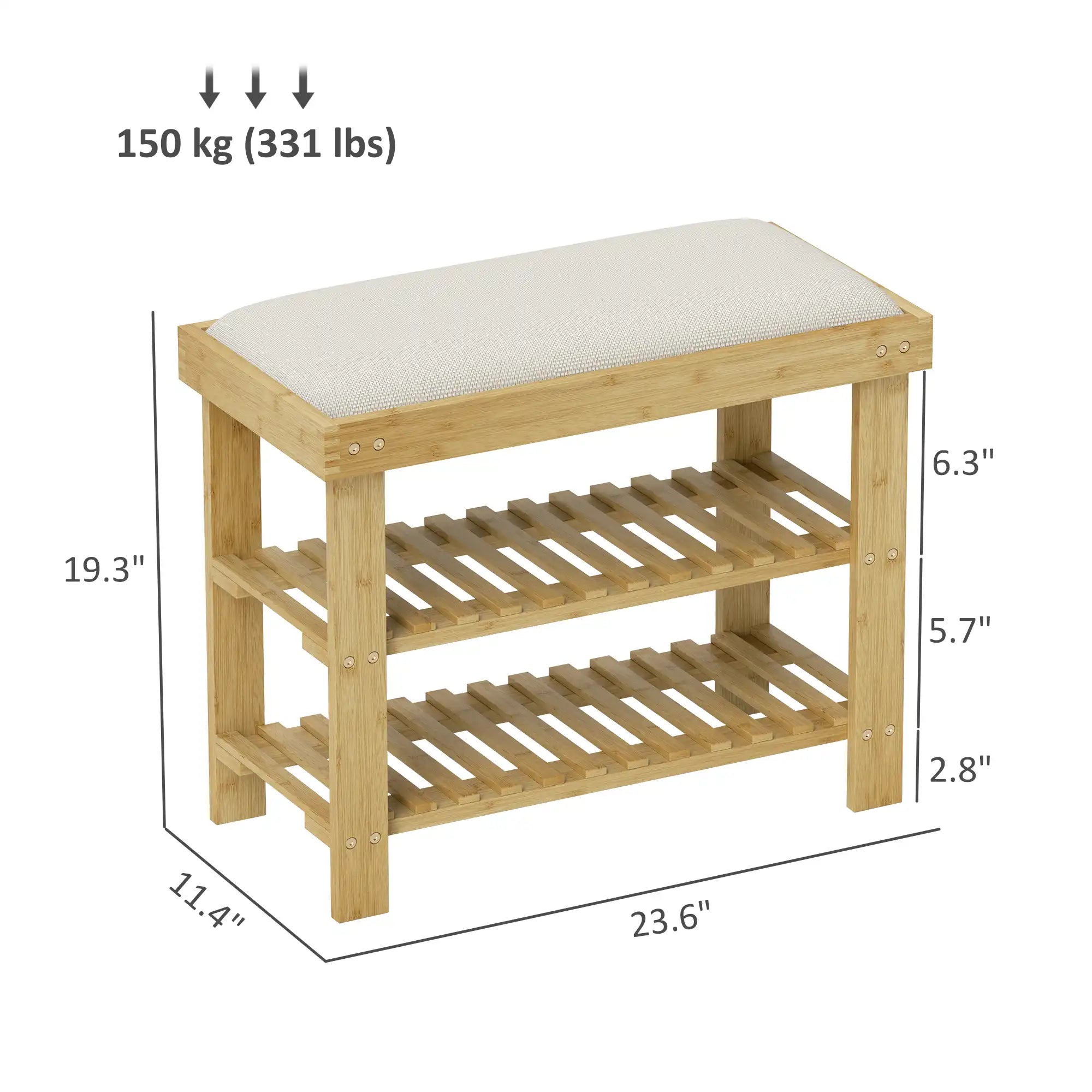 23.6" Bamboo Shoe Storage Bench with Cushioned Seat and 2-Tier Shoe Rack