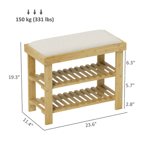 23.6" Bamboo Shoe Storage Bench with Cushioned Seat and 2-Tier Shoe Rack