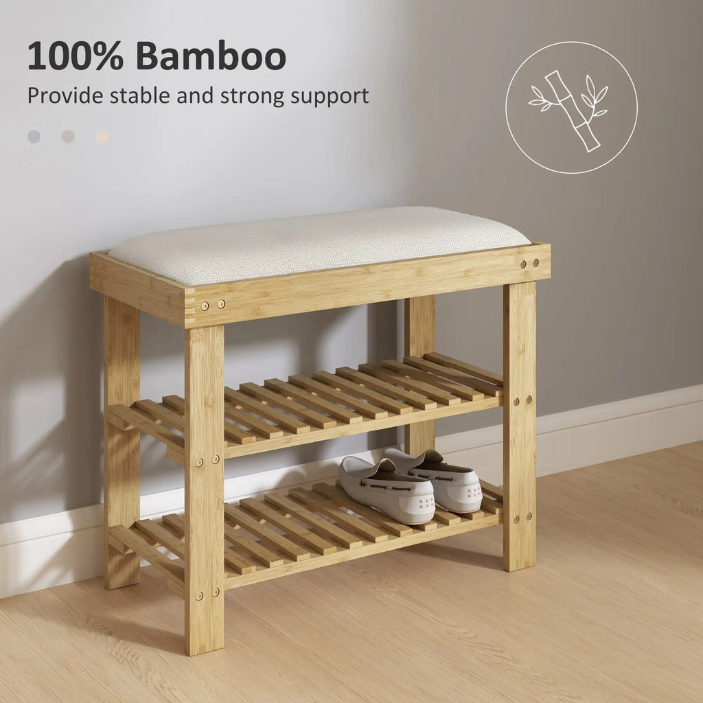 23.6" Bamboo Shoe Storage Bench with Cushioned Seat and 2-Tier Shoe Rack