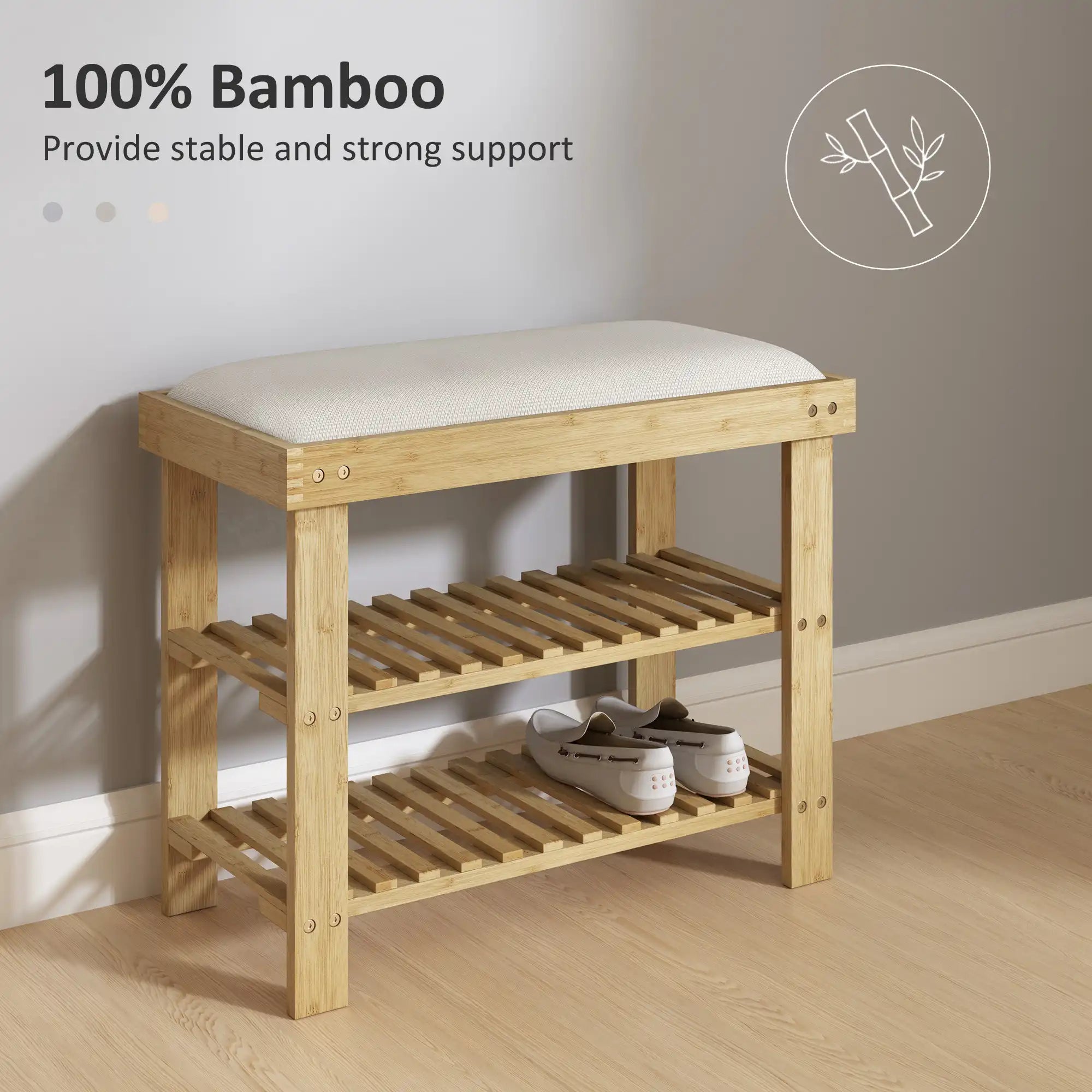 23.6" Bamboo Shoe Storage Bench with Cushioned Seat and 2-Tier Shoe Rack
