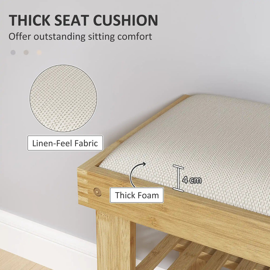 23.6" Bamboo Shoe Storage Bench with Cushioned Seat and 2-Tier Shoe Rack