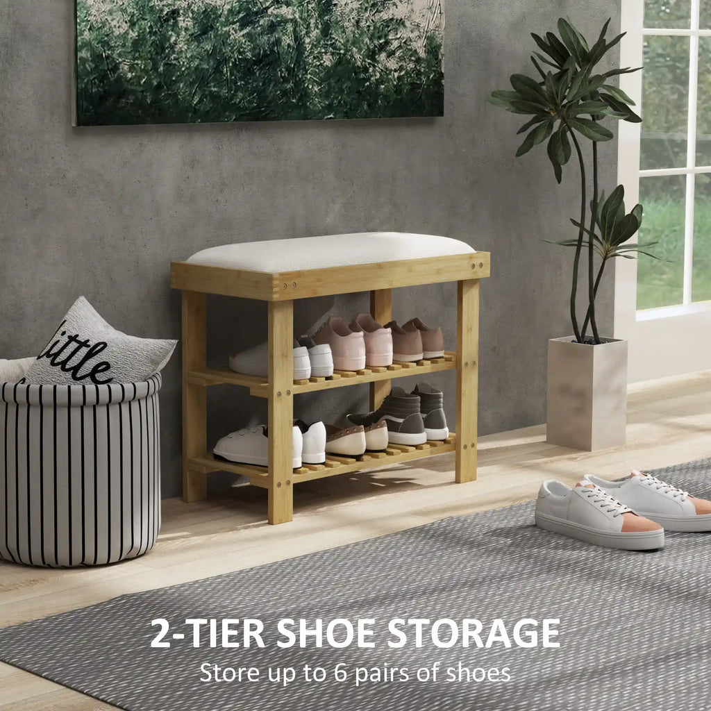 23.6" Bamboo Shoe Storage Bench with Cushioned Seat and 2-Tier Shoe Rack