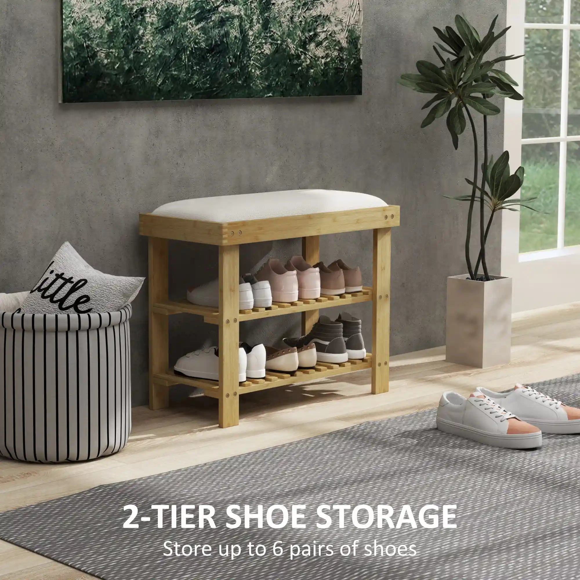 23.6" Bamboo Shoe Storage Bench with Cushioned Seat and 2-Tier Shoe Rack
