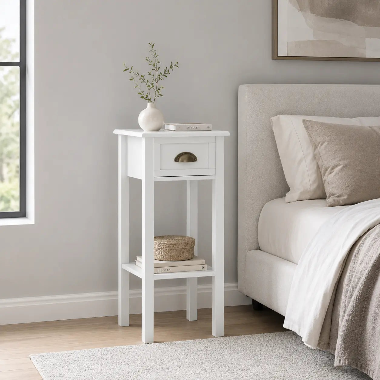 Narrow 2-Tier Side Table with Drawer and Open Storage Shelf