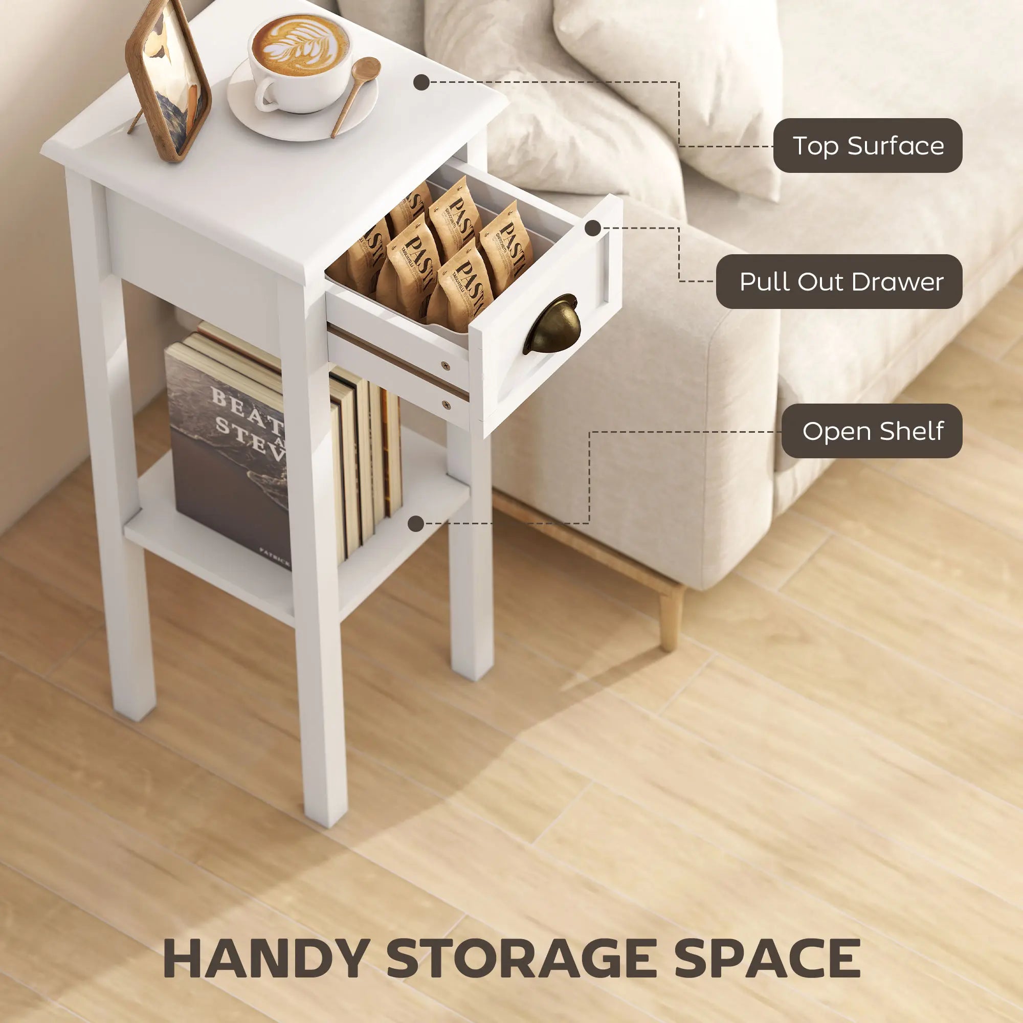 Narrow 2-Tier Side Table with Drawer and Open Storage Shelf