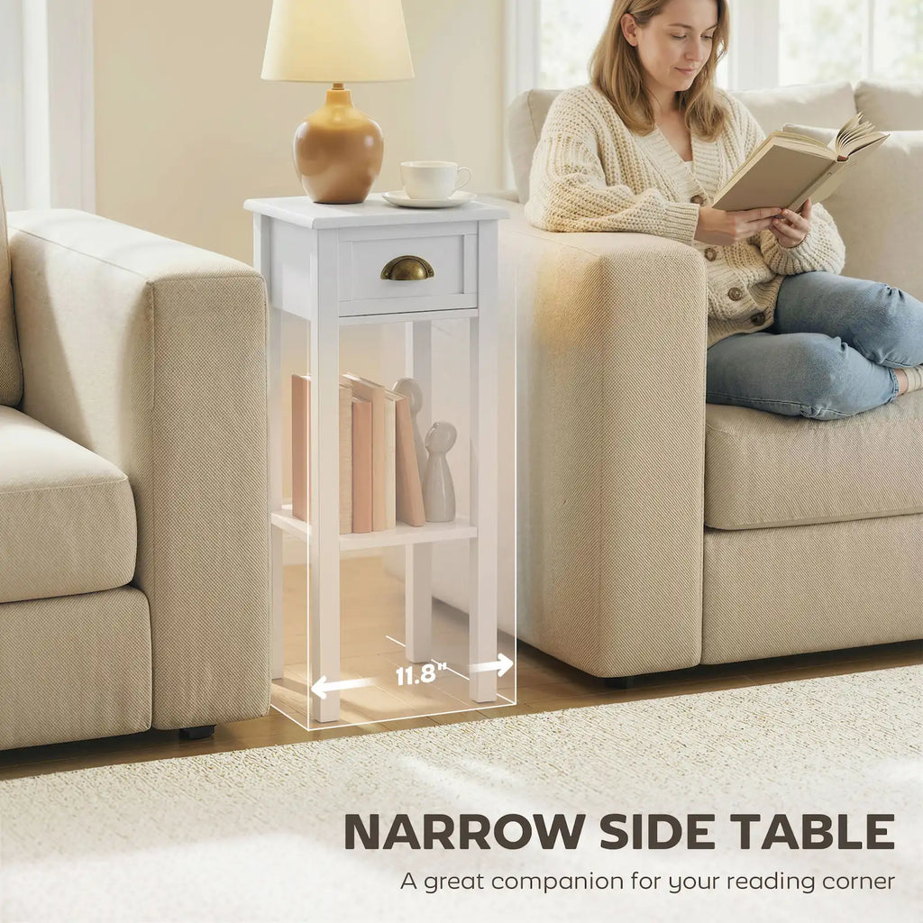 Narrow 2-Tier Side Table with Drawer and Open Storage Shelf