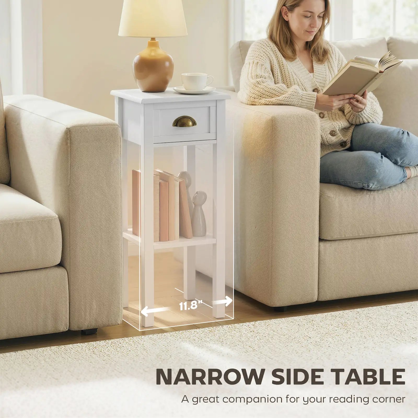 Narrow 2-Tier Side Table with Drawer and Open Storage Shelf