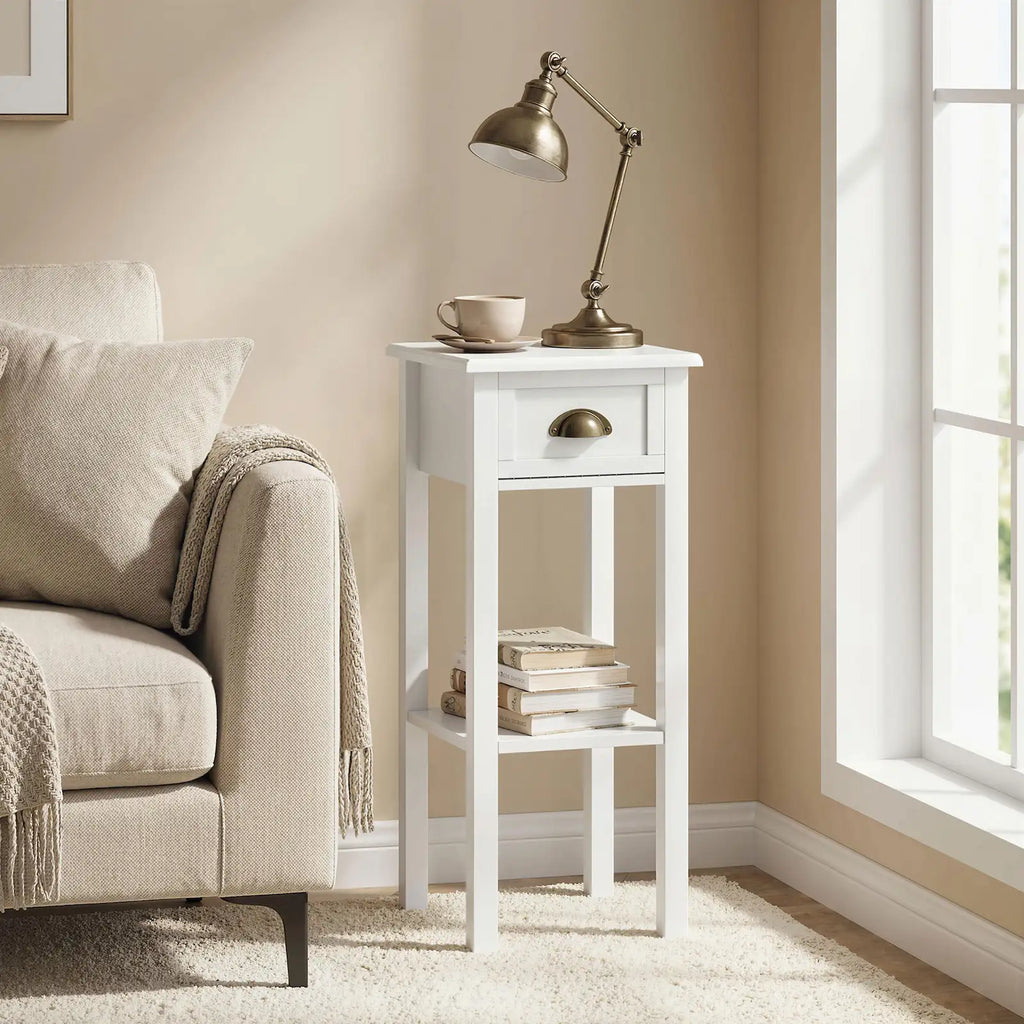 Narrow 2-Tier Side Table with Drawer and Open Storage Shelf