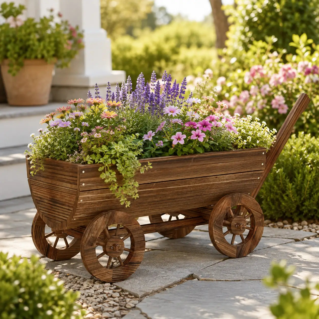 45.3" Wooden Wagon Planter Box with 4 Wheels and Drainage Hole