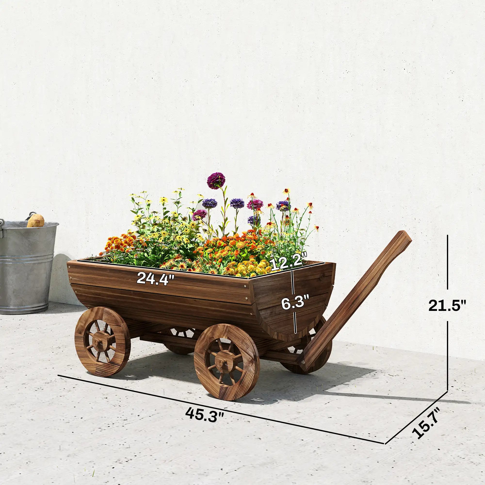45.3" Wooden Wagon Planter Box with 4 Wheels and Drainage Hole