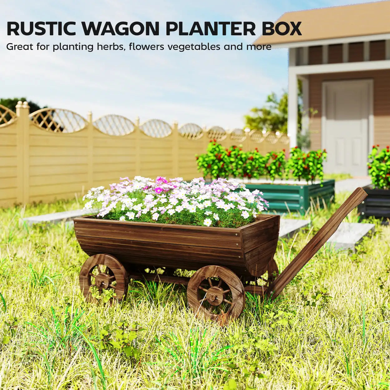 45.3" Wooden Wagon Planter Box with 4 Wheels and Drainage Hole