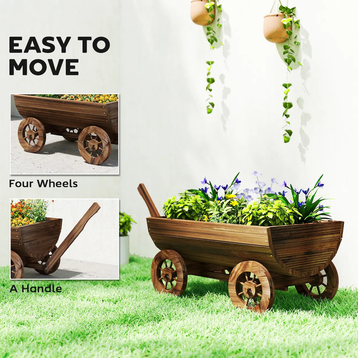 45.3" Wooden Wagon Planter Box with 4 Wheels and Drainage Hole
