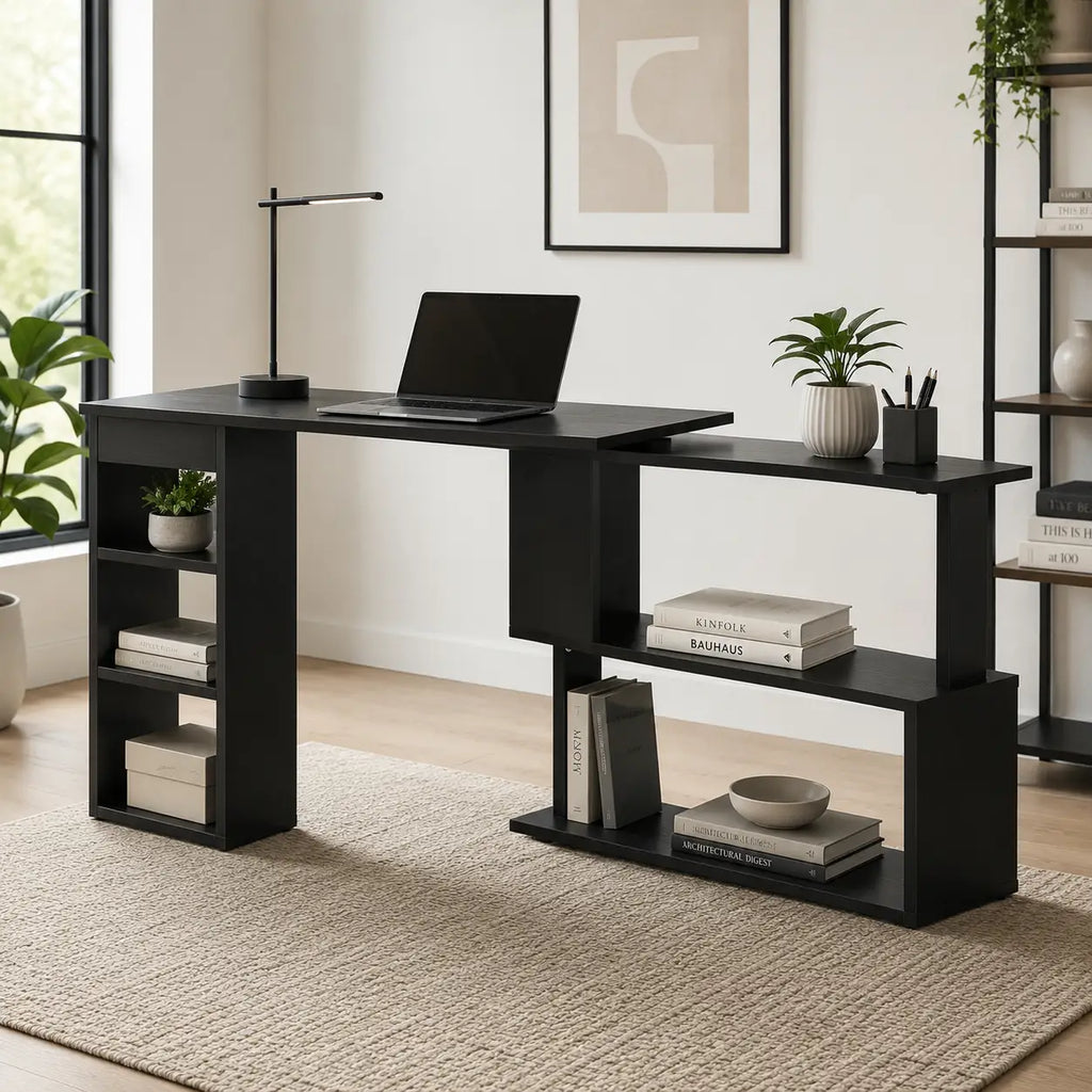 47.25" 360° Rotating L-Shaped Corner Desk with Storage Shelves