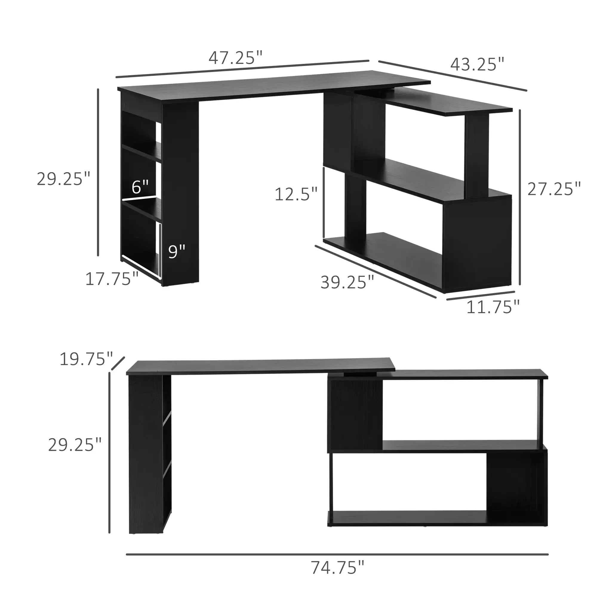 47.25" 360° Rotating L-Shaped Corner Desk with Storage Shelves