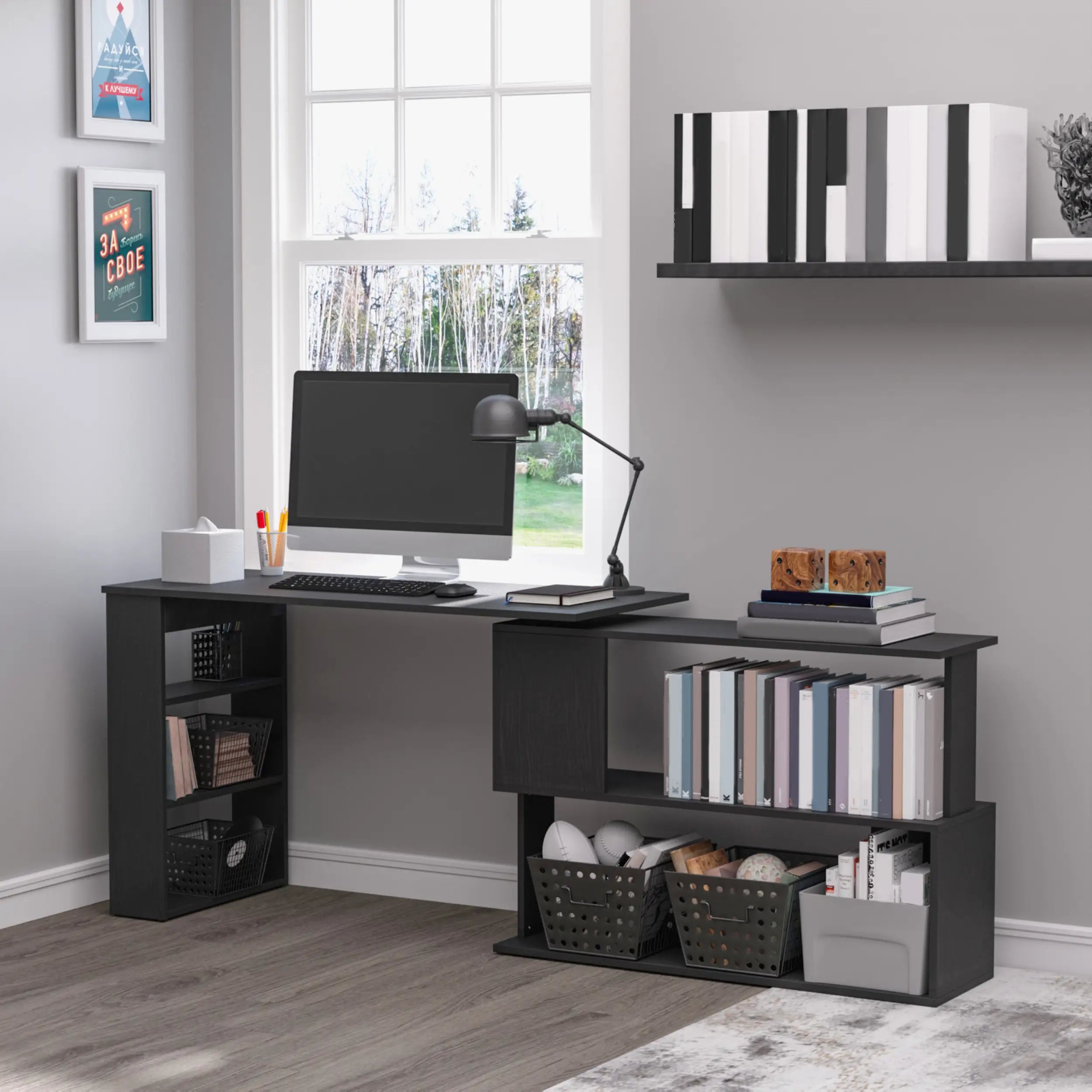 47.25" 360° Rotating L-Shaped Corner Desk with Storage Shelves