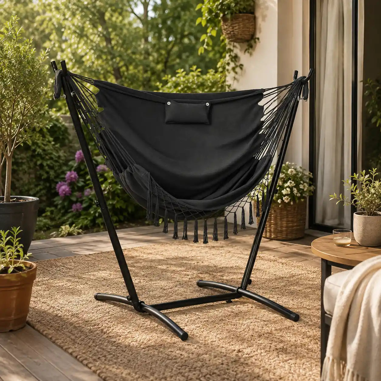 66.9" Freestanding Hammock Chair with U-Shaped Steel Stand, Headrest and Side Pocket