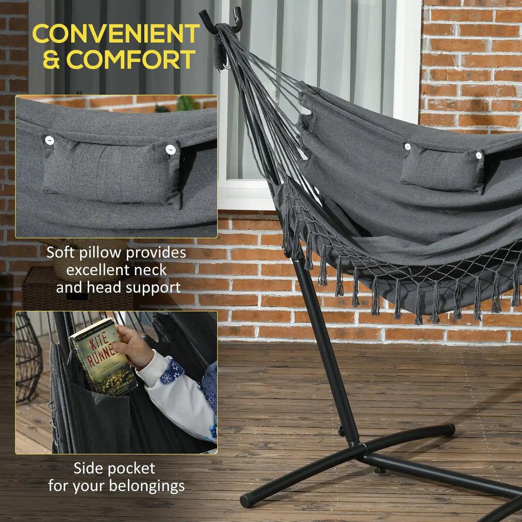66.9" Freestanding Hammock Chair with U-Shaped Steel Stand, Headrest and Side Pocket