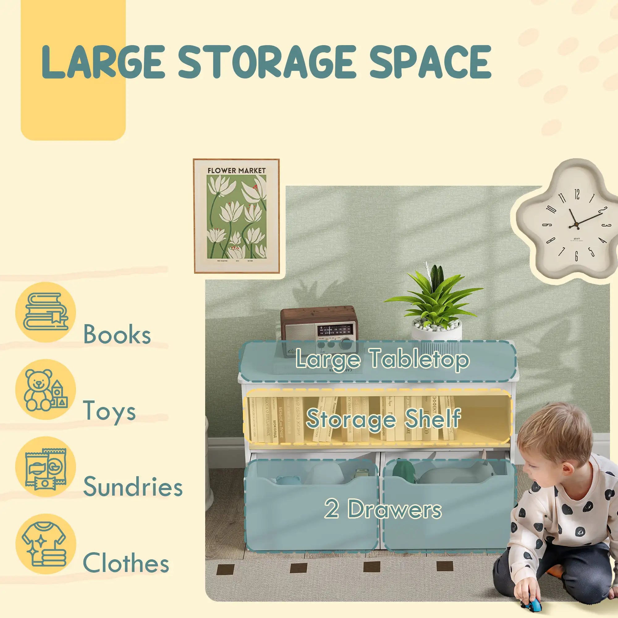 31.5" Kids Toy Storage Organizer with Open Shelf and 2 Drawers