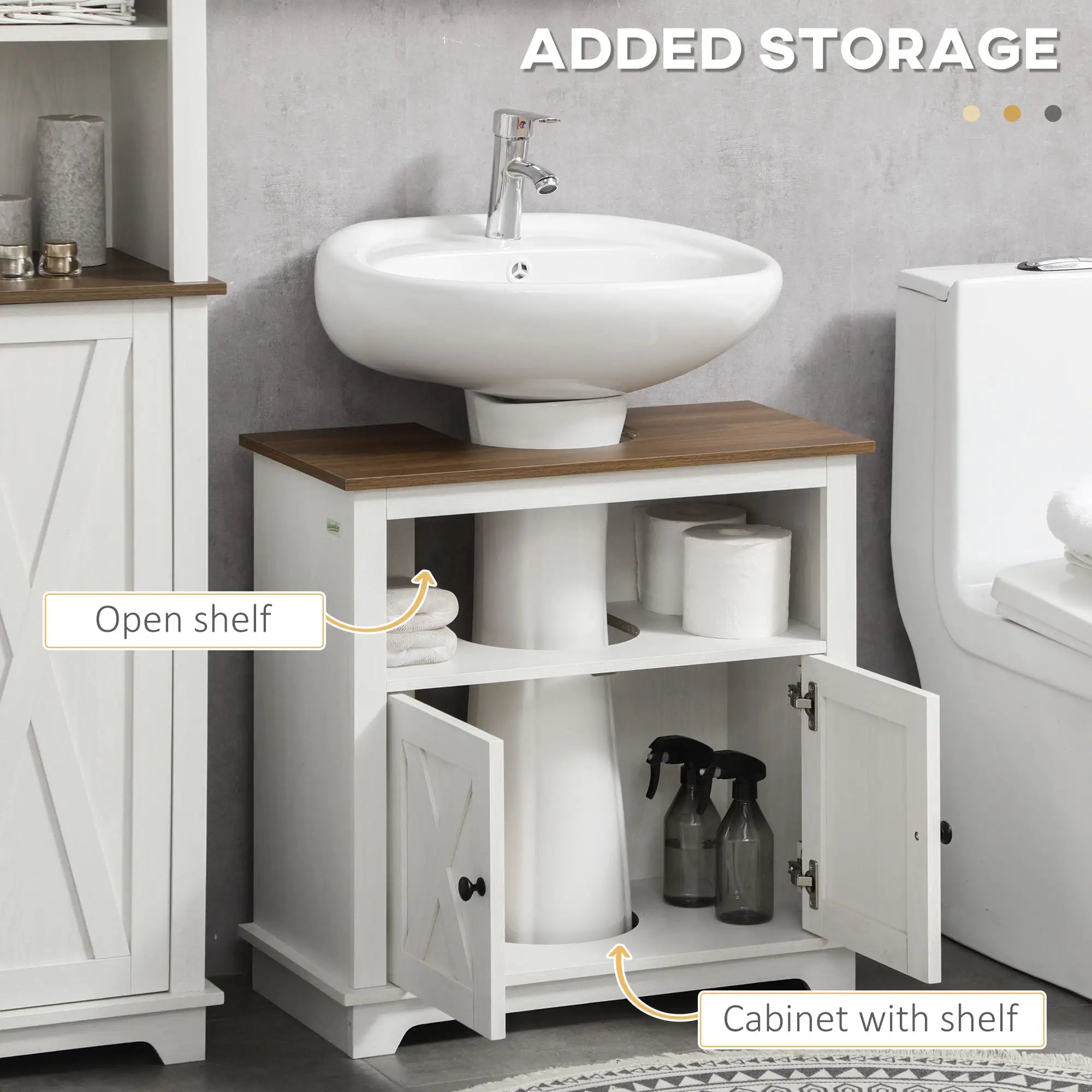 Modern Farmhouse Under-Sink Bathroom Cabinet with Double Doors and Open Shelf