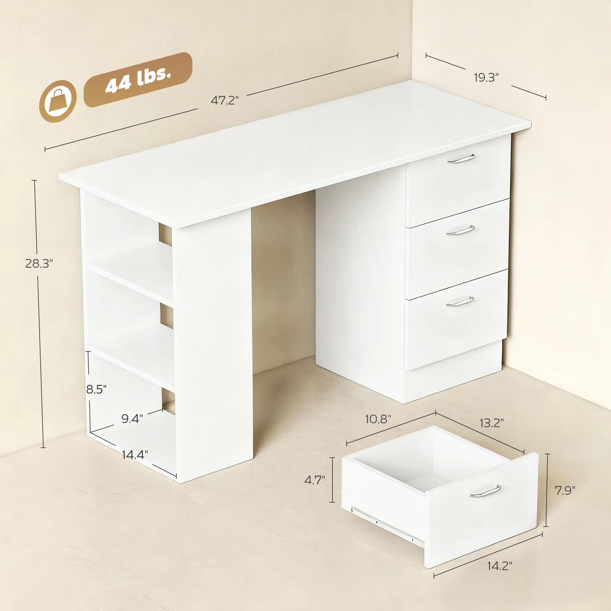 47.25" Reversible Computer Desk with 3 Drawers and Open Storage Shelves