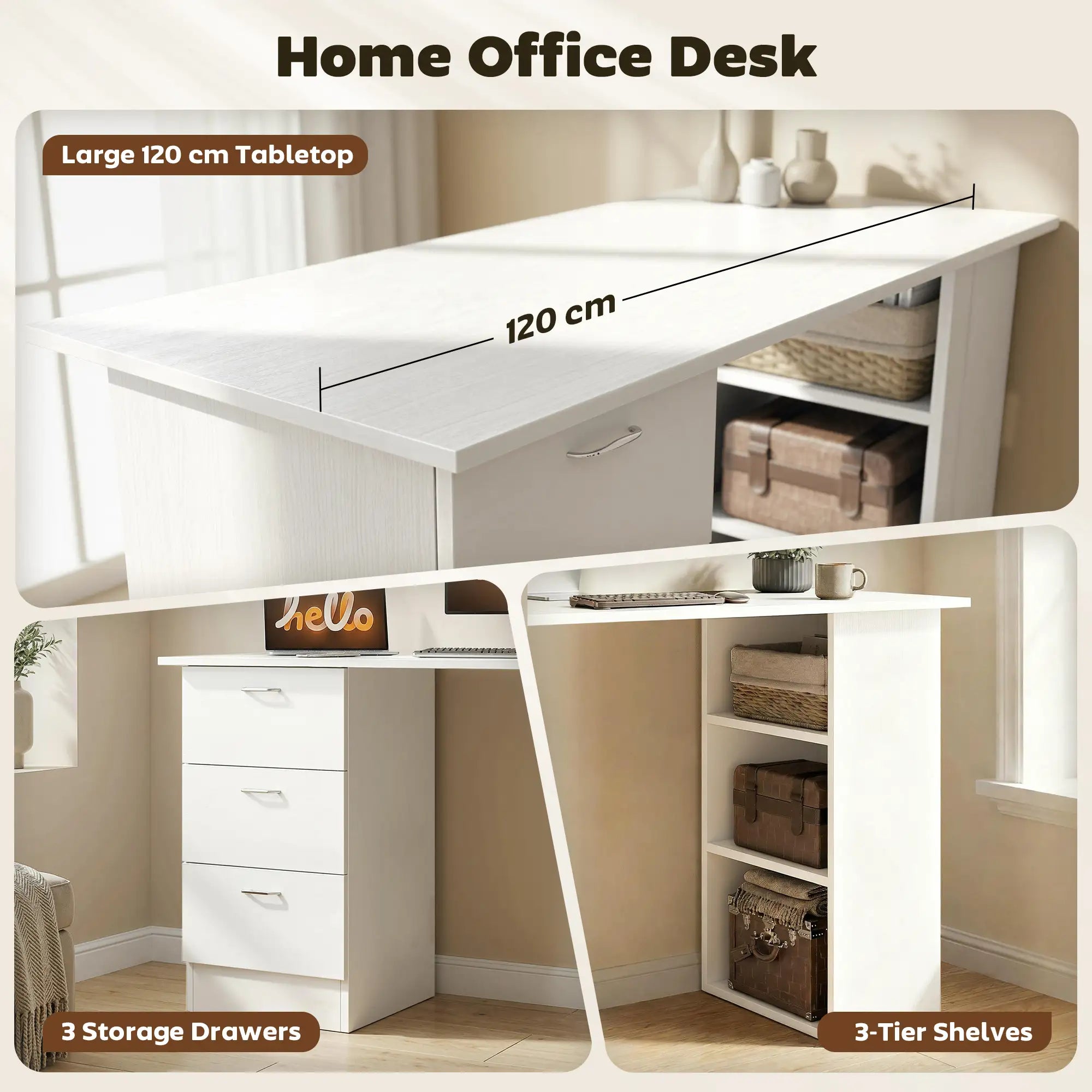 47.25" Reversible Computer Desk with 3 Drawers and Open Storage Shelves